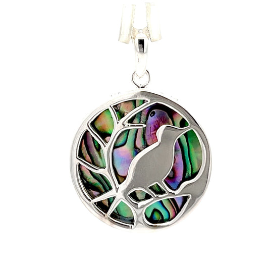 Round 925 Sterling Silver Abalone Shell Bird Pendant