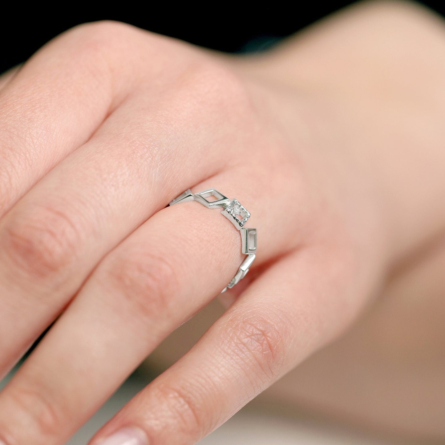 925 Sterling Silver  Rhodium Plated Cubic Zirconia Geometric Ring