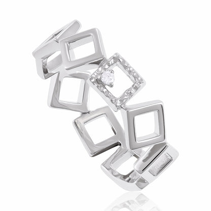 Sterling Silver Rhodium Plated Cubic Zirconia Geometric Ring SRN3012