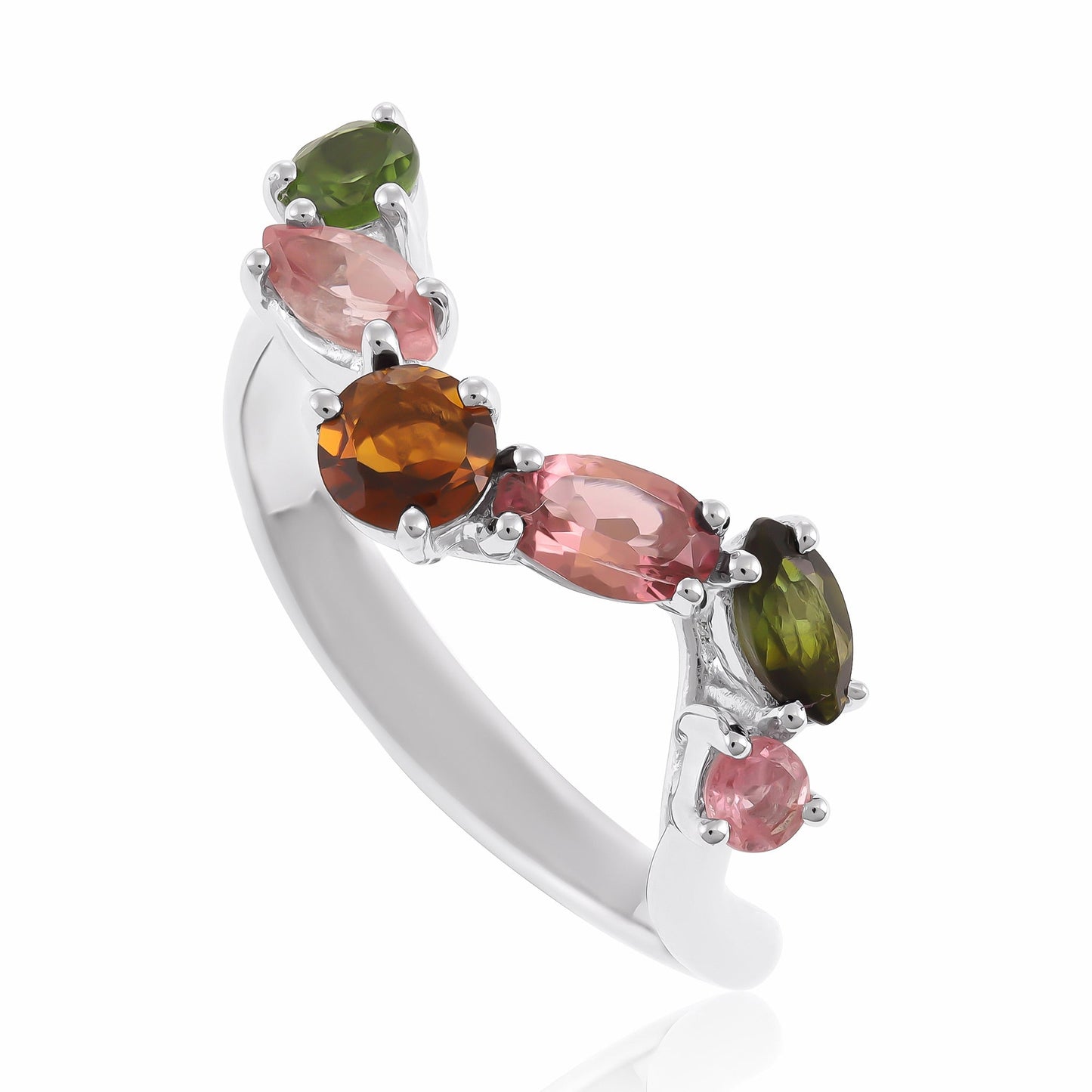 925 Sterling Silver  Rhodium Plated Multi Tourmaline Ring