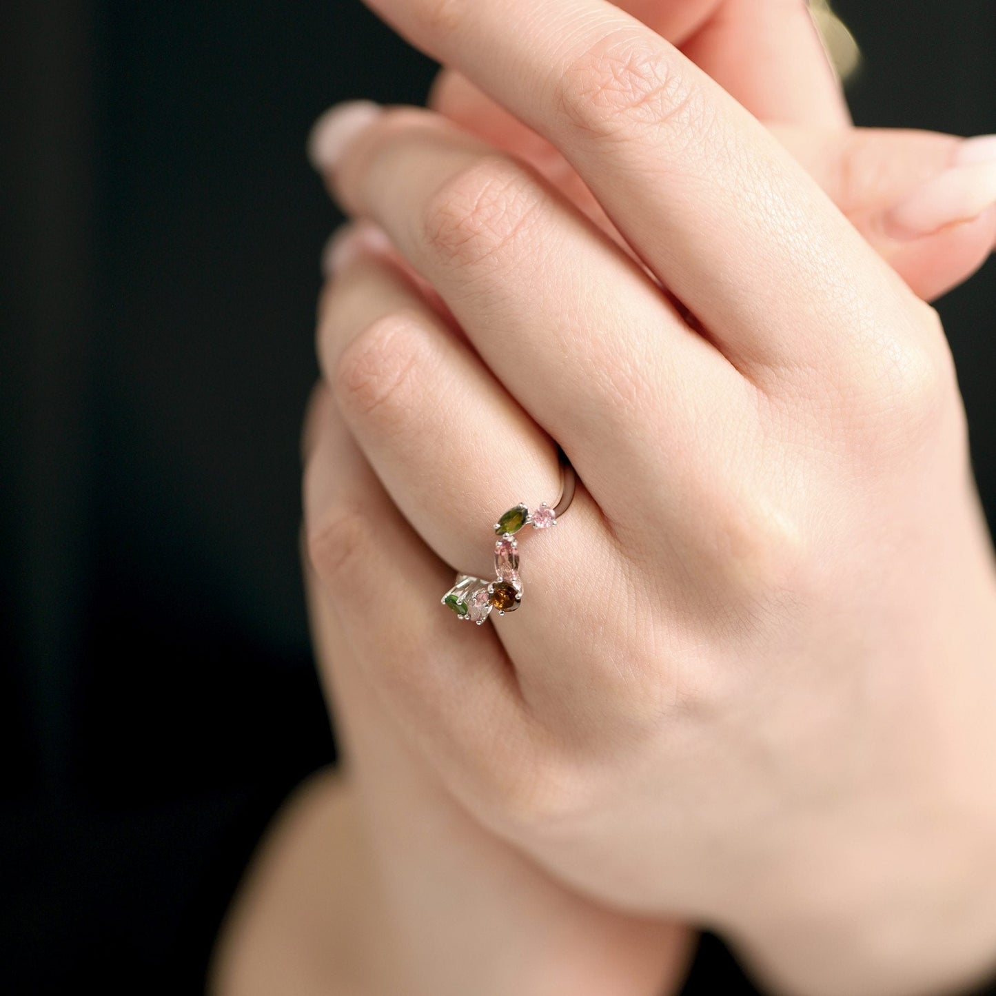 925 Sterling Silver  Rhodium Plated Multi Tourmaline Ring