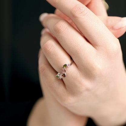 925 Sterling Silver  Rhodium Plated Multi Tourmaline Ring