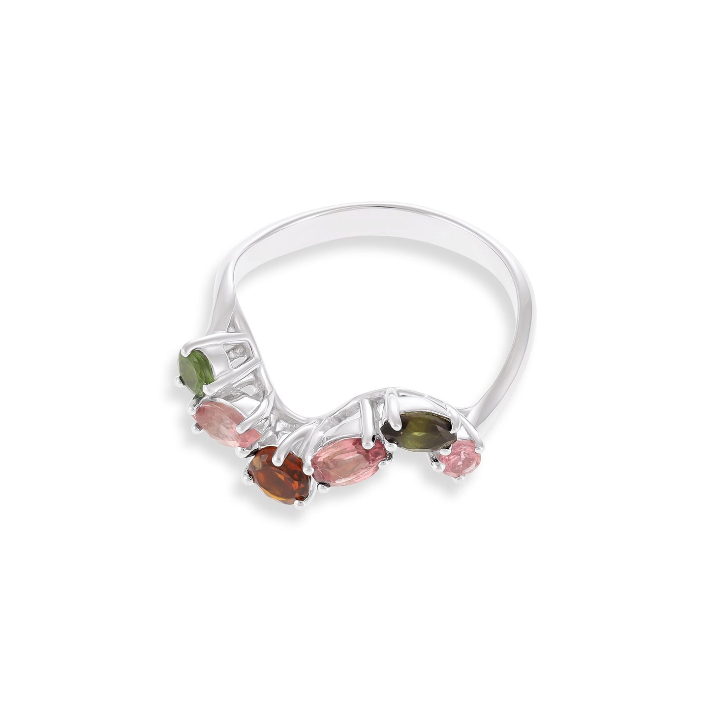 925 Sterling Silver  Rhodium Plated Multi Tourmaline Ring