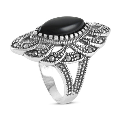 Sterling Silver Vintage Black Gemstone Ring - FJewellery