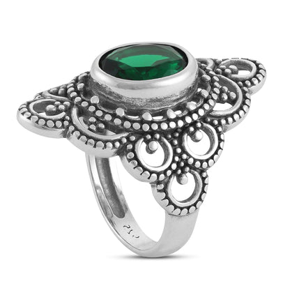 Sterling Silver Vintage Green Gemstone Ring - FJewellery