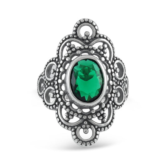 Sterling Silver Vintage Green Gemstone Ring - FJewellery