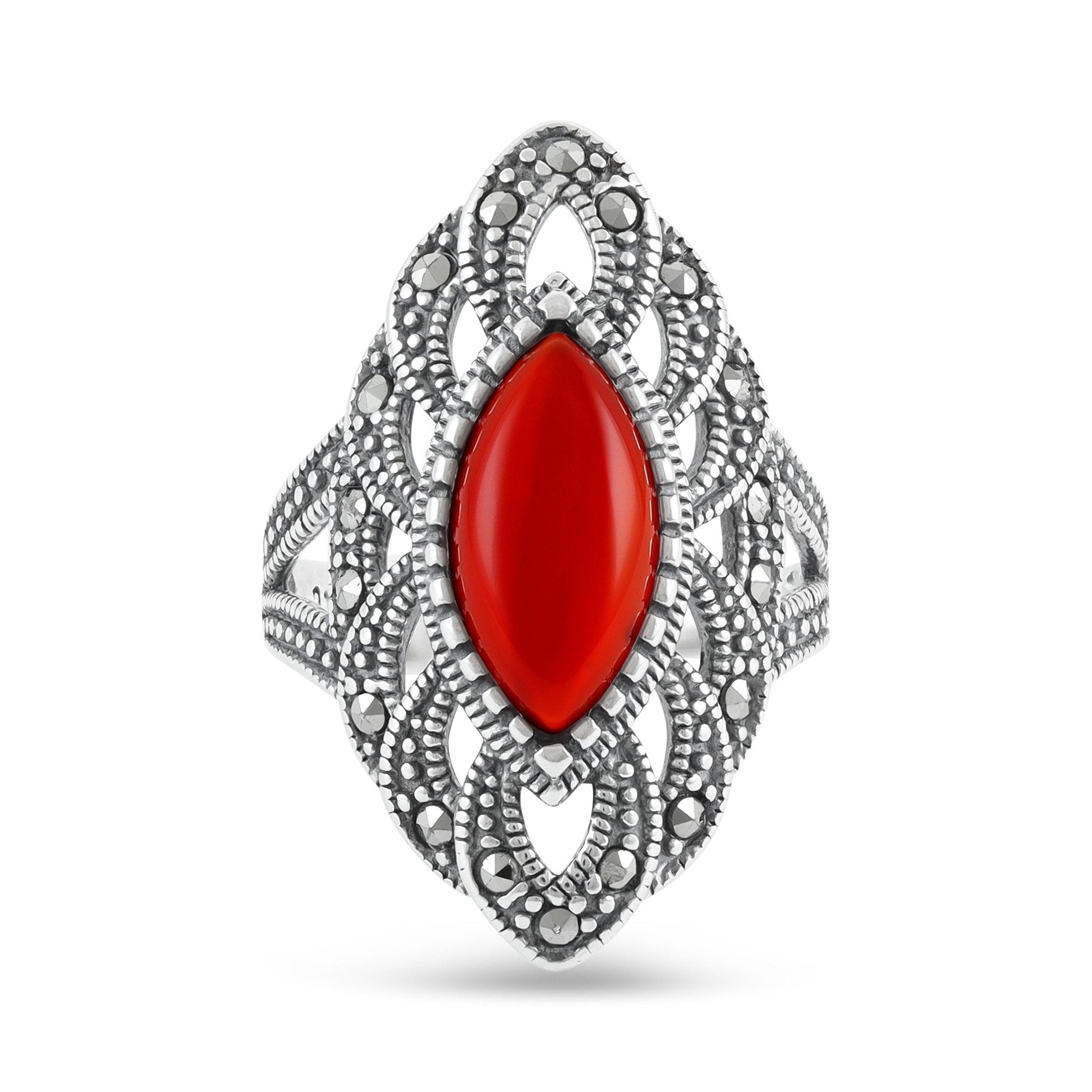 Sterling Silver Vintage Style Red Gemstone Ring - FJewellery