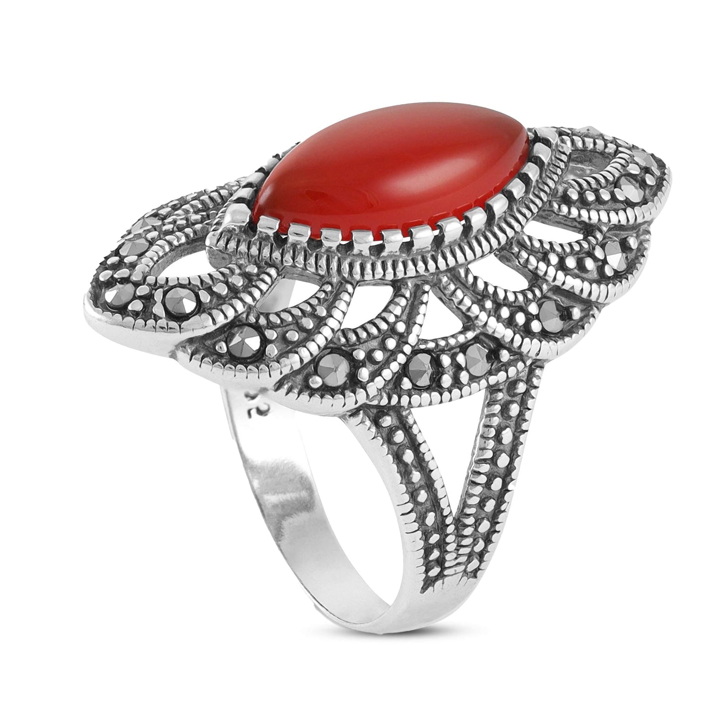 Sterling Silver Vintage Style Red Gemstone Ring - FJewellery