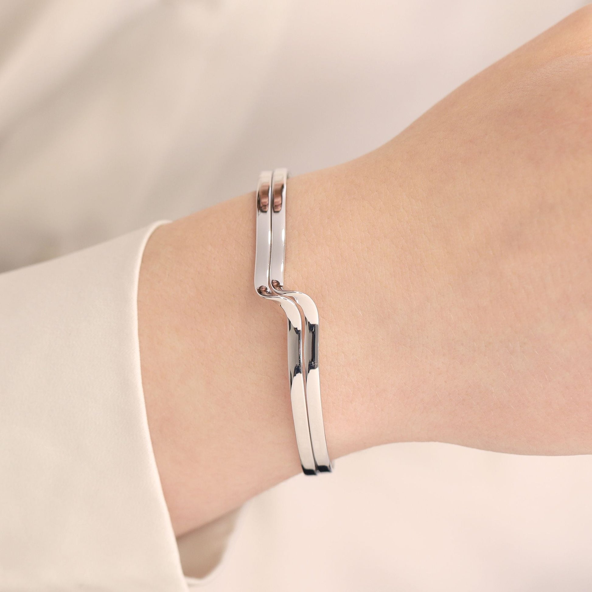 Sterling Silver Wave Detail Cuff Bangle - FJewellery
