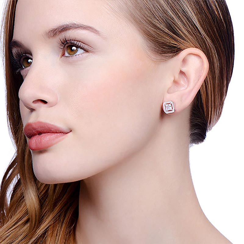 Stud 925 Sterling Silver Square Earrings Set With CZs - FJewellery