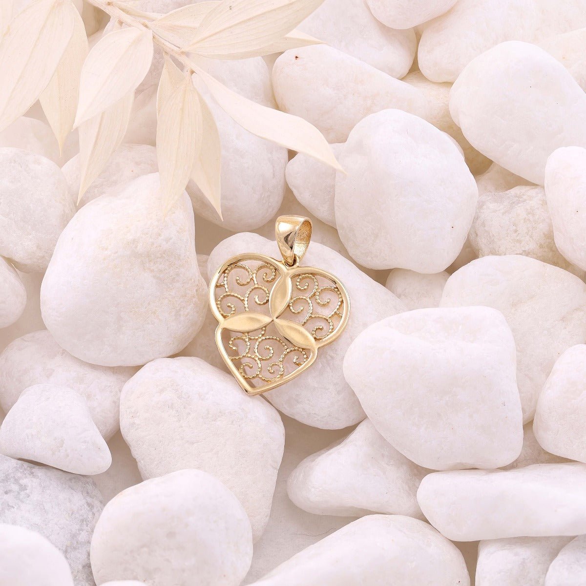 14ct Gold Abstract Patterned Triple Shaped Heart Pendant - 26mm - FJewellery