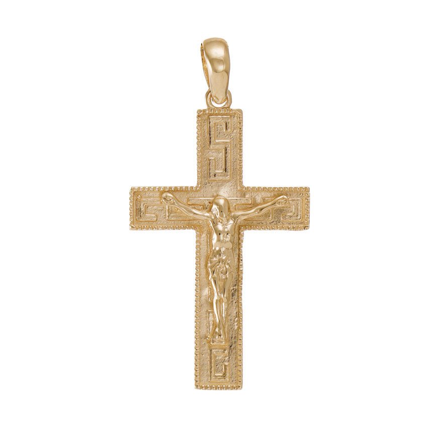 14ct Gold Ornamental Patterned Crucifix Cross Pendant - 41mm - FJewellery