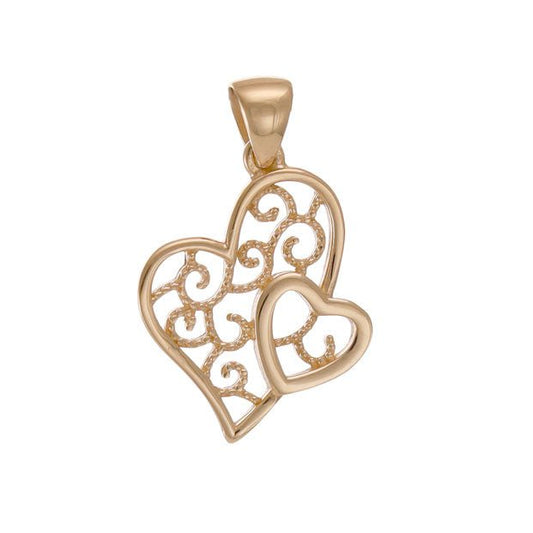 14ct Gold Patterned Double Heart Pendant - 24mm - FJewellery