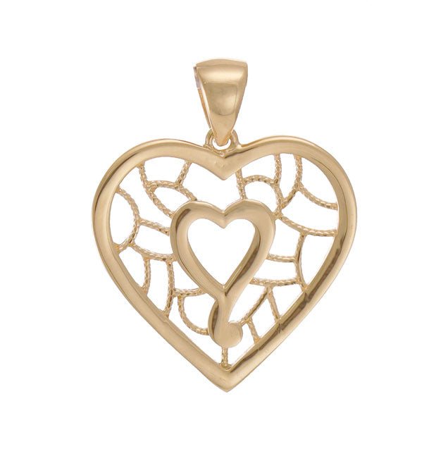 14ct Gold Patterned Double Heart Pendant - 27mm - FJewellery