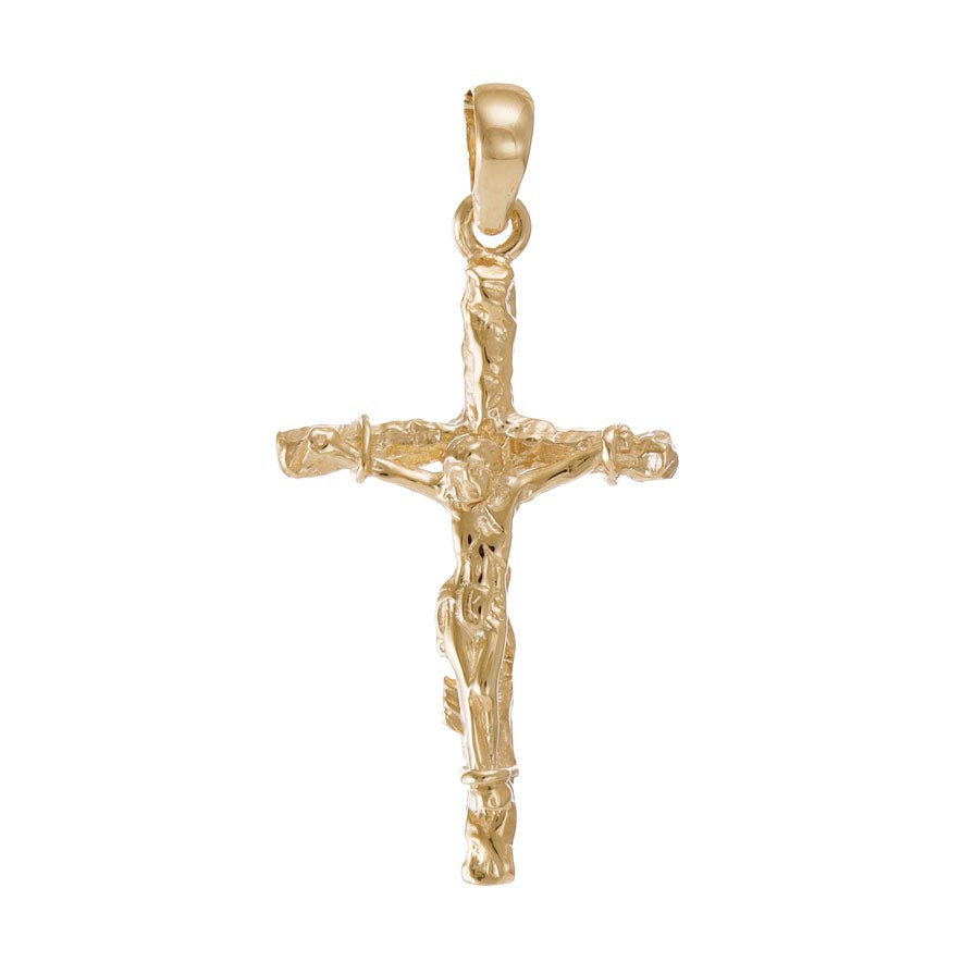 14ct Gold Traditional Barked Crucifix Cross Pendant - 41mm - FJewellery