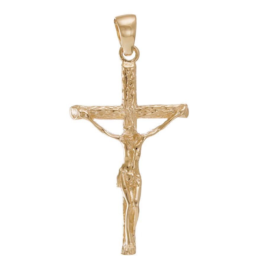 14ct Gold Traditional Barked Crucifix Cross Pendant - 48mm - FJewellery