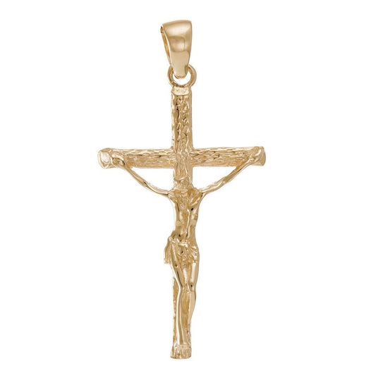 14ct Gold Traditional Barked Crucifix Cross Pendant - 48mm - FJewellery