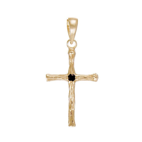 14ct Yellow Gold CZ-Set Barked Cross Pendant - 26mm - FJewellery