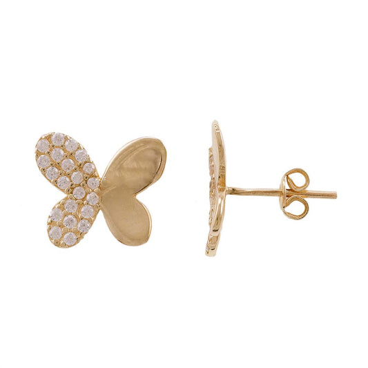 14ct Yellow Gold Half CZ Butterfly Stud Earrings - FJewellery
