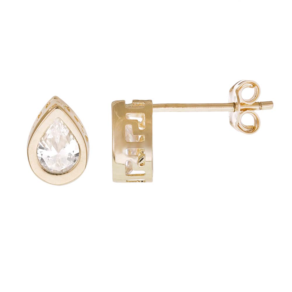 14ct Yellow Gold Tear Drop Greek Key Design Stud Earrings - FJewellery