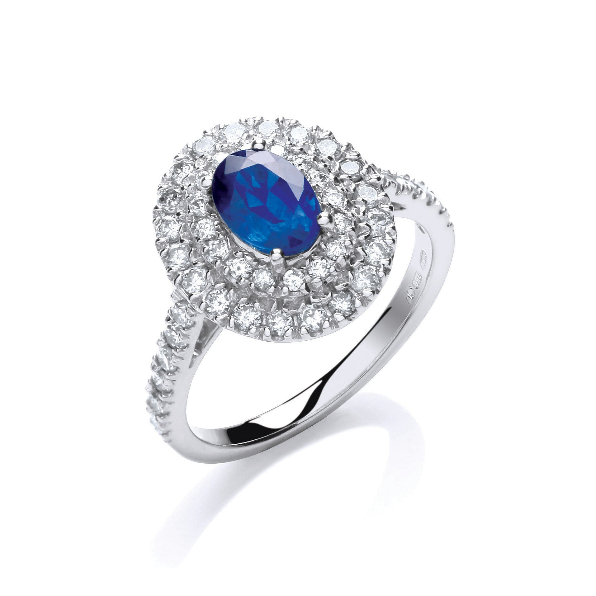 18ct W Gold Oval 1ct Sapphire Ring With .60ct of Diamonds - FJewellery