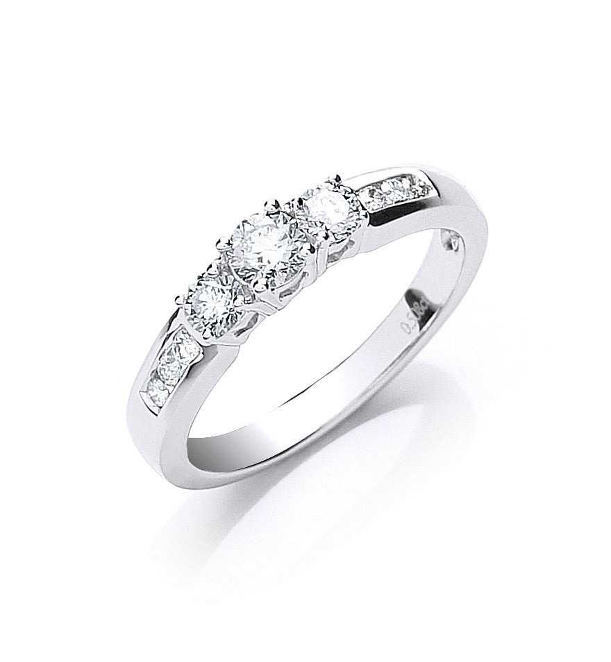18ct White Gold 0.50ct Trilogy Ring With Diamond Shoulders - FJewellery