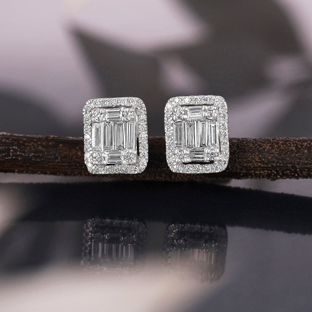 18ct White Gold 0.65ct Baguette & Brilliant Cut Diamond Rectangle Halo Earrings - FJewellery