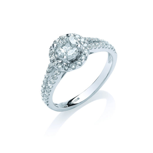 18ct White Gold 0.66ct Halo Style Split Shank Diamond Ring - FJewellery
