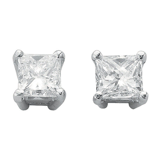18ct White Gold 1.00ct Claw Set Princess Cut Diamond Stud Earrings - FJewellery