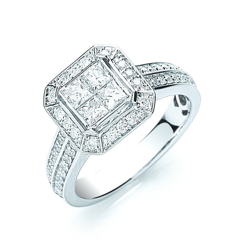 18ct White Gold 1.00ct Square Shape Cluster Diamond Ring - FJewellery