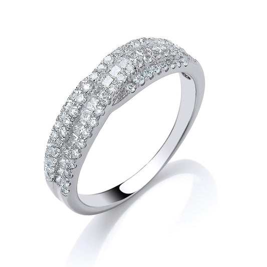 18ct White Gold Crossover Baguette Diamond Ring - FJewellery