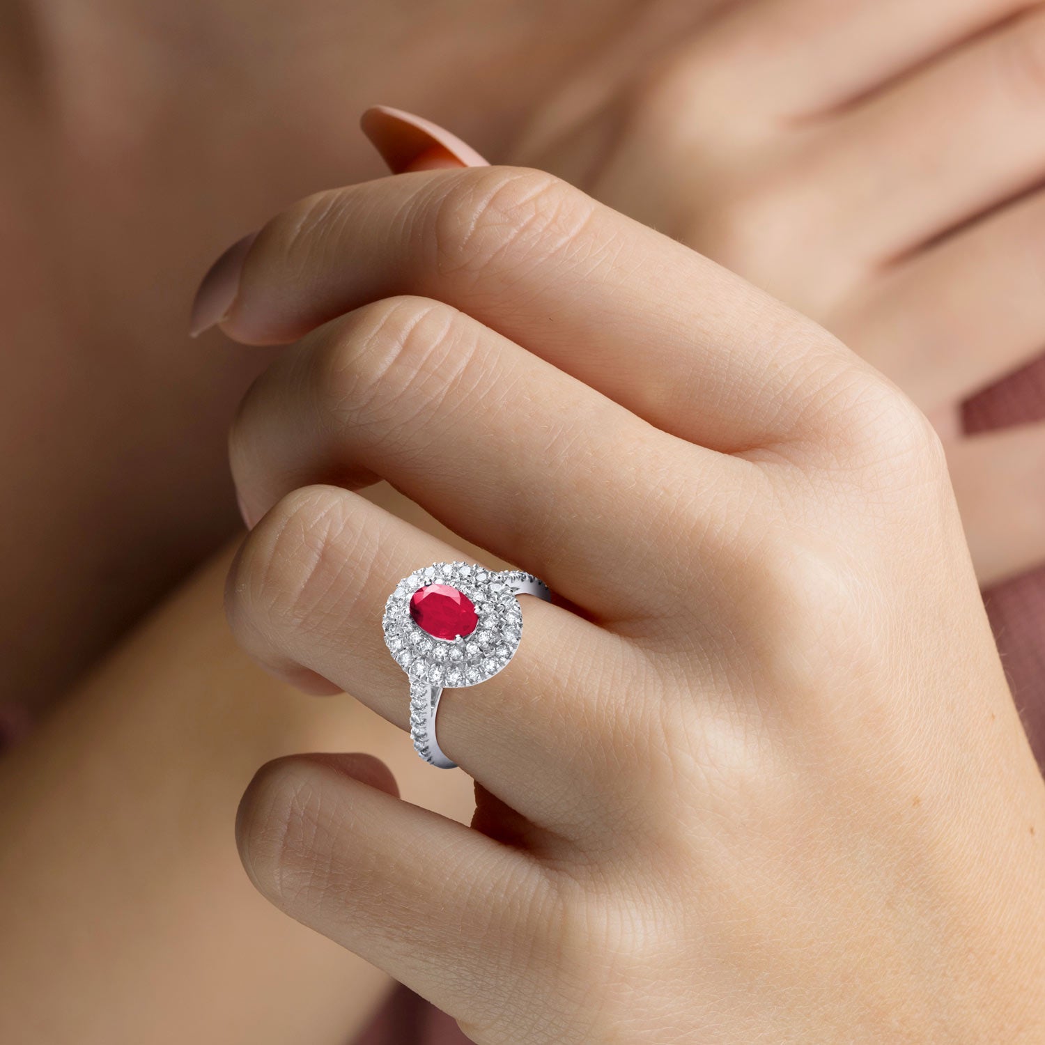 18ct White Gold, Diamond and Oval Ruby Ring - FJewellery