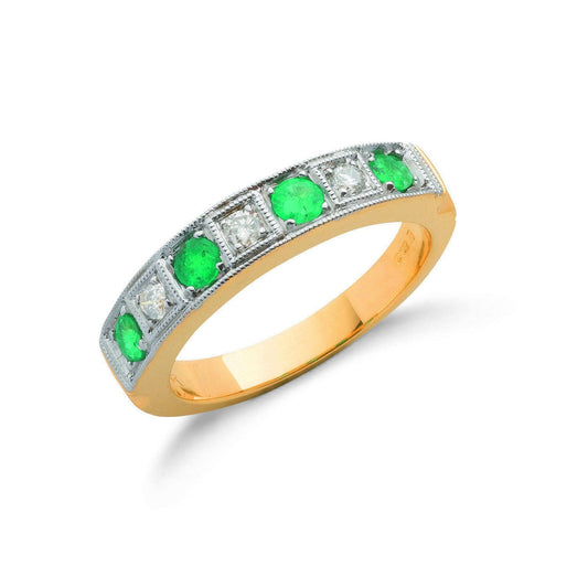 18ct Yellow Gold Diamond and Emerald Half Eternity Ring - FJewellery