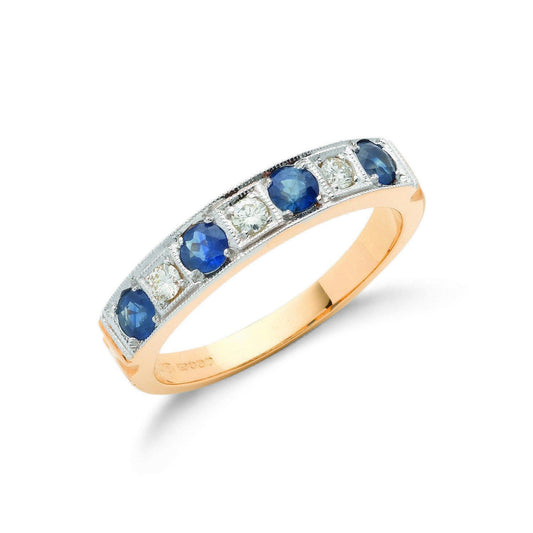 18ct Yellow Gold Diamond Blue Sapphire Half Eternity Ring - FJewellery