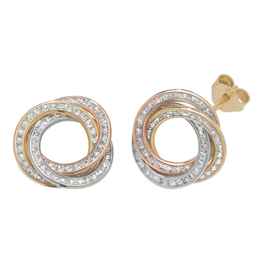 9 Carat Tricolour Gold Twisted CZ Stud Earrings - FJewellery