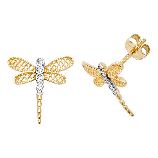 9 Carat Yellow Gold CZ Dragonfly Stud Earrings - FJewellery