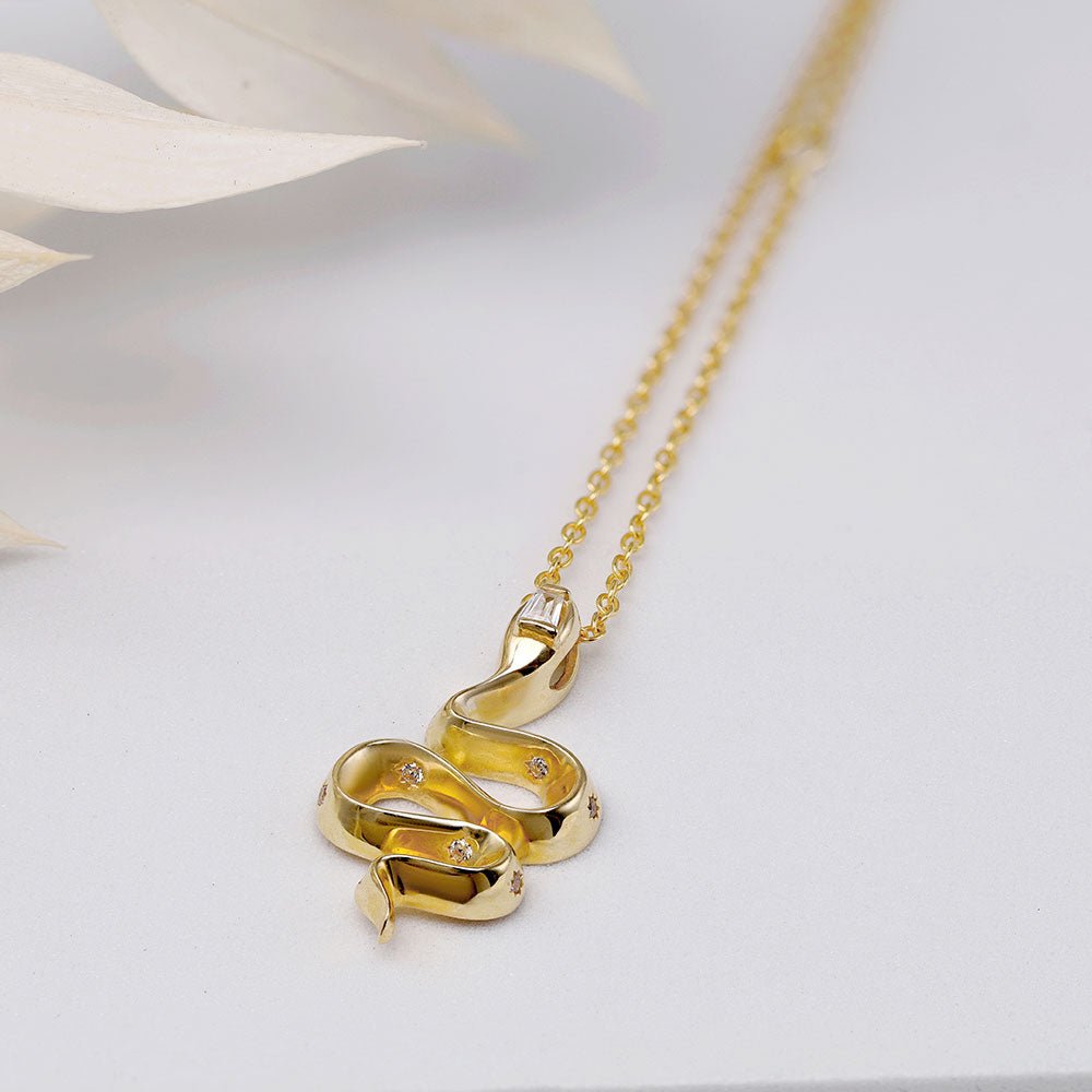9 Carat Yellow Gold CZ Snake Charm Necklace - 16"+2" - FJewellery