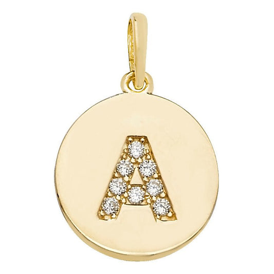 9 Carat Yellow Gold Gemset Initial Letter A Disc Pendant - FJewellery