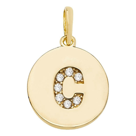 9 Carat Yellow Gold Gemset Initial Letter C Disc Pendant - FJewellery