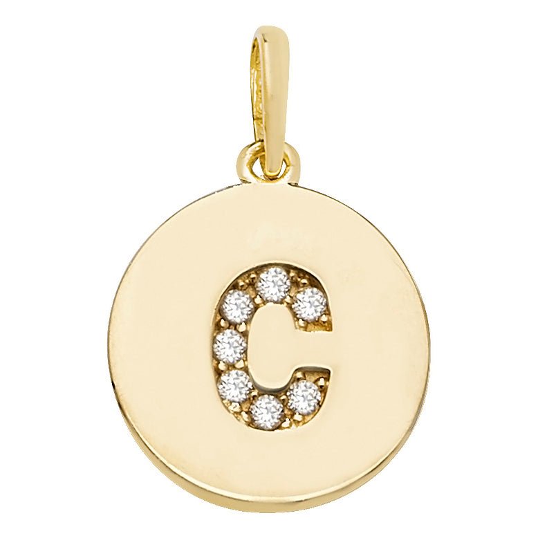 9 Carat Yellow Gold Gemset Initial Letter C Disc Pendant - FJewellery