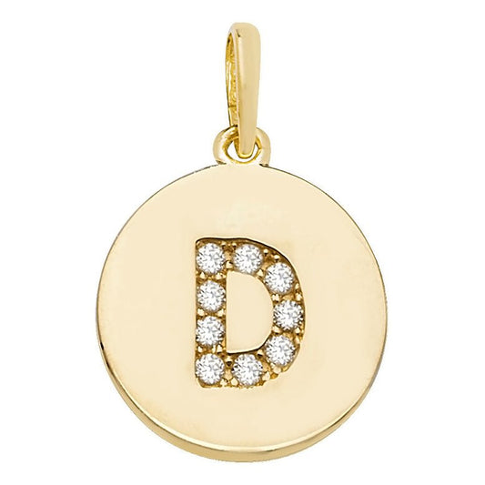9 Carat Yellow Gold Gemset Initial Letter D Disc Pendant - FJewellery
