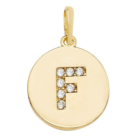 9 Carat Yellow Gold Gemset Initial Letter F Disc Pendant - FJewellery