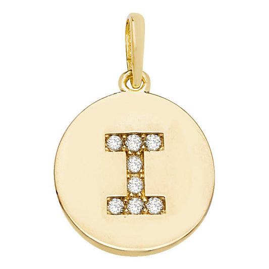9 Carat Yellow Gold Gemset Initial Letter I Disc Pendant - FJewellery