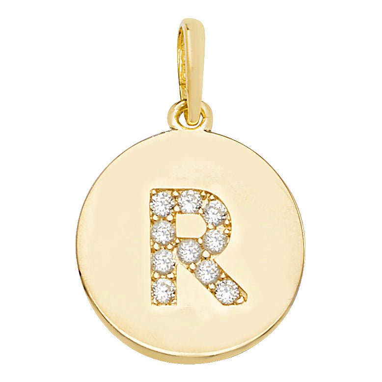 9 Carat Yellow Gold Gemset Initial Letter R Disc Pendant - FJewellery