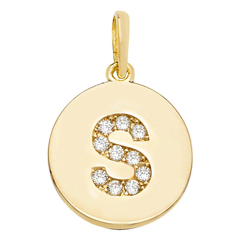 9 Carat Yellow Gold Gemset Initial Letter S Disc Pendant - FJewellery