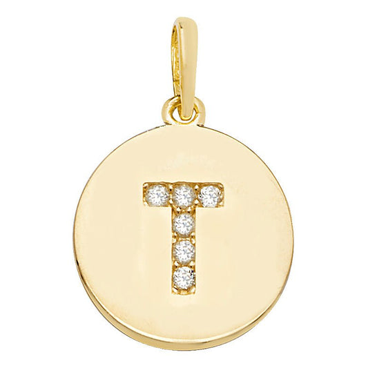 9 Carat Yellow Gold Gemset Initial Letter T Disc Pendant - FJewellery