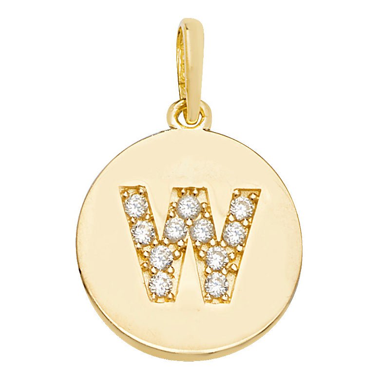 9 Carat Yellow Gold Gemset Initial Letter W Disc Pendant - FJewellery