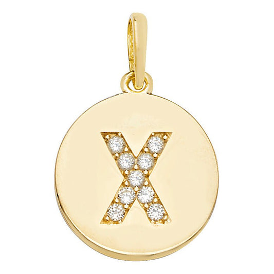 9 Carat Yellow Gold Gemset Initial Letter X Disc Pendant - FJewellery