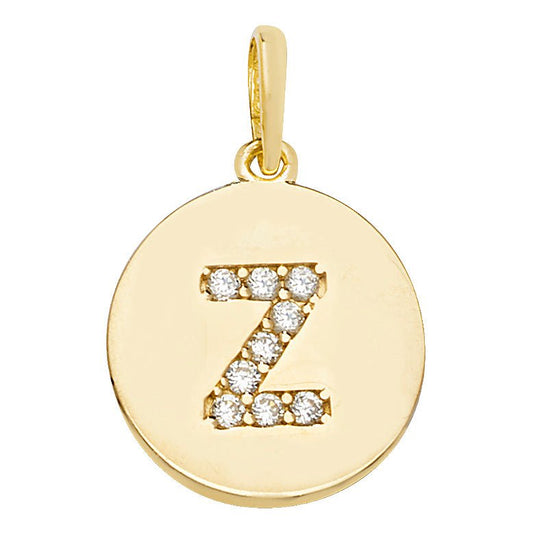 9 Carat Yellow Gold Gemset Initial Letter Z Disc Pendant - FJewellery