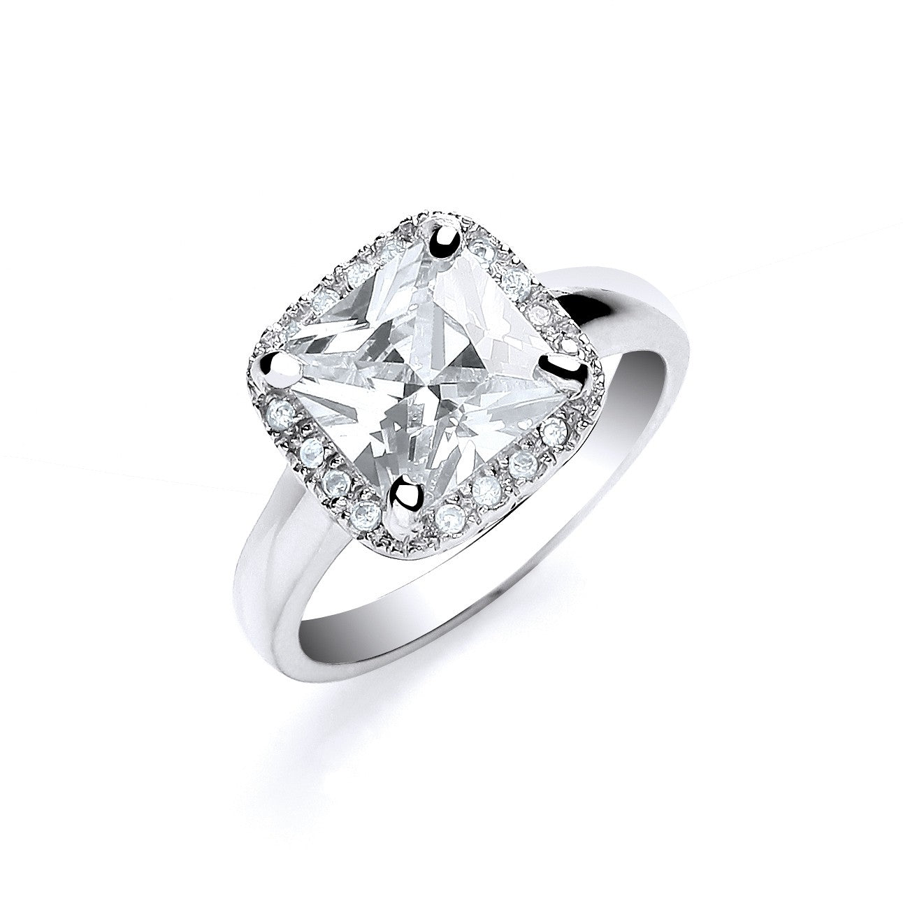 925 Sterling Silver Ascher Cut with Cz Surrounding Ring - FJewellery